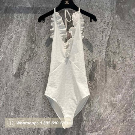 Chanel White Falbala One-Piece Swimsuit