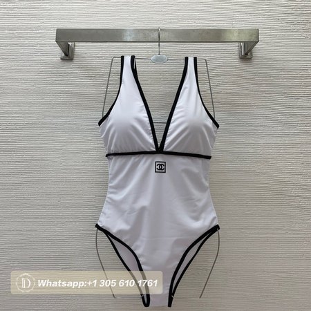 Chanel White V-Neck One-Piece Swimsuit