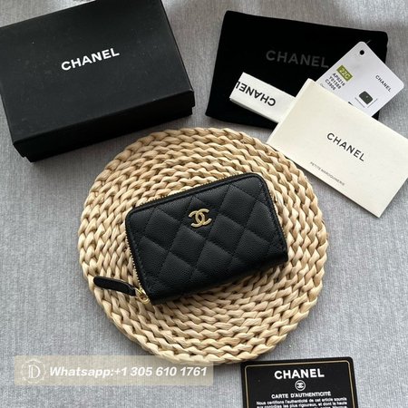 Chanel Zip Coin Purse Quilted Caviar Gold-tone Black