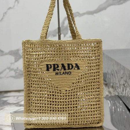 Prada Logo-Print Raffia Tote