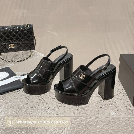 Chanel Sandal Patent Crumpled Lambskin Black