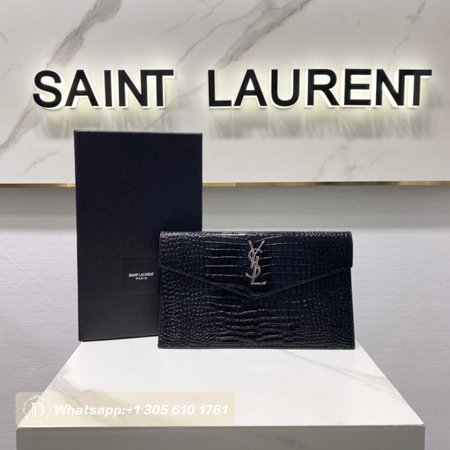 Saint Laurent Uptown Pouch Shiny Crocodile-Look Leather Black