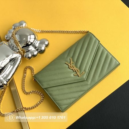 Saint Laurent Monogram Embossed Light Sage Leather Chain Wallet