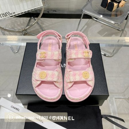 Chanel Gingham Open Toe Rubber Sole Casual Style Tweed