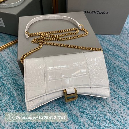 Balenciaga Hourglass Wallet On Chain Crocodile Embossed In White 9016