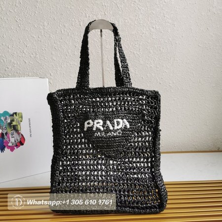 Prada Raffia Tote Bag Black 1BG393