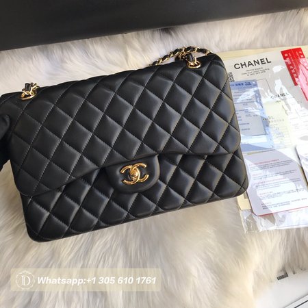 Chanel Classic Double Flap Quilted Lambskin Gold-tone Jumbo Black