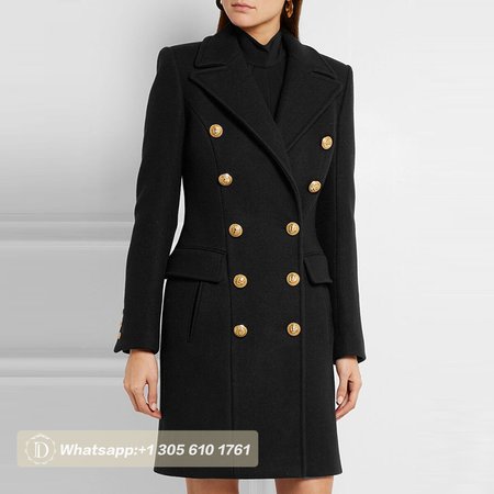 Balmain Black Double Breasted Gold Button Wool Coat