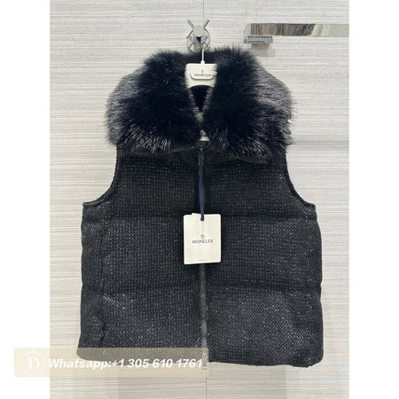 Moncler Carrelet Fur-Collar Tweed Vest Black Women's