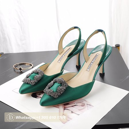 Manolo Blahnik Green Satin Jewel Buckle Slingback Pumps 35-42